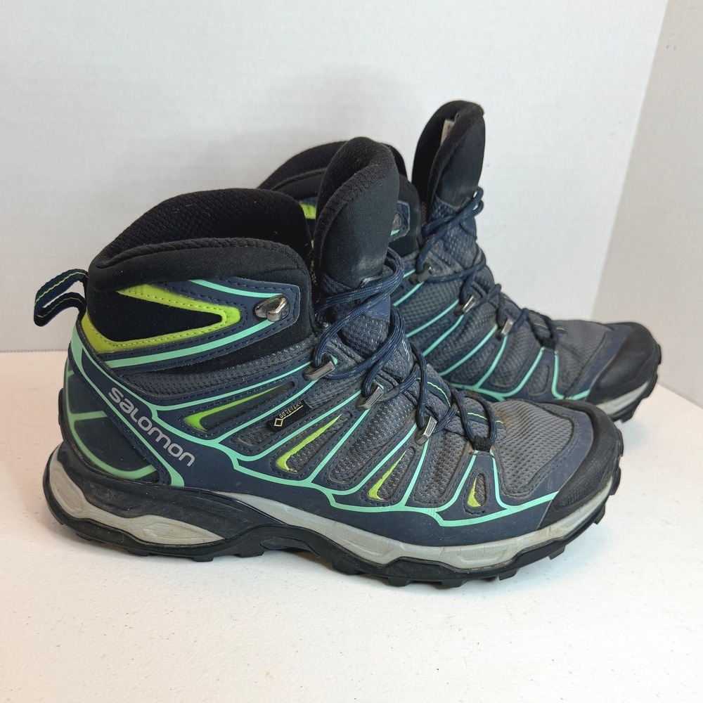 Salomon X-Ultra Mid GTX Women 8 Grey Navy Green Gore-Tex Hiking Boots 371524